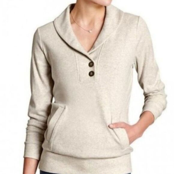 Banana Republic Oatmeal Shawl Collar Button Neckline Long Sleeve Sweatshirt - Picture 1 of 13